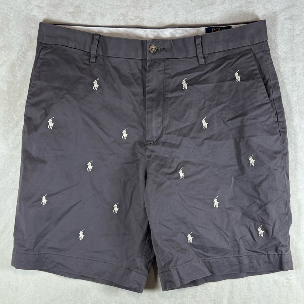 Polo Ralph Lauren 35W All Over Polo Print Gray Flat Front Shorts